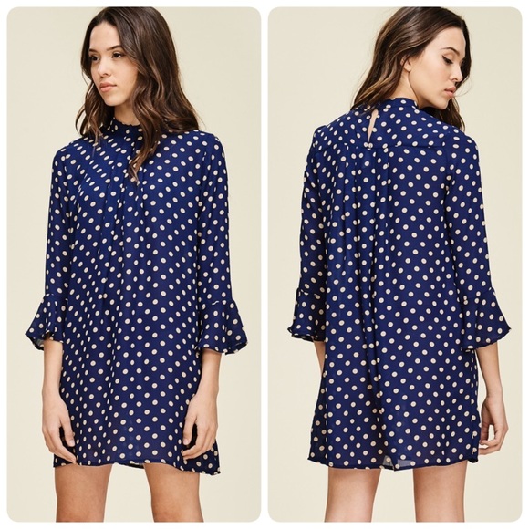 Navy Polka Dot Pleated Trumpet Sleeve Dress - Picture 4 of 4